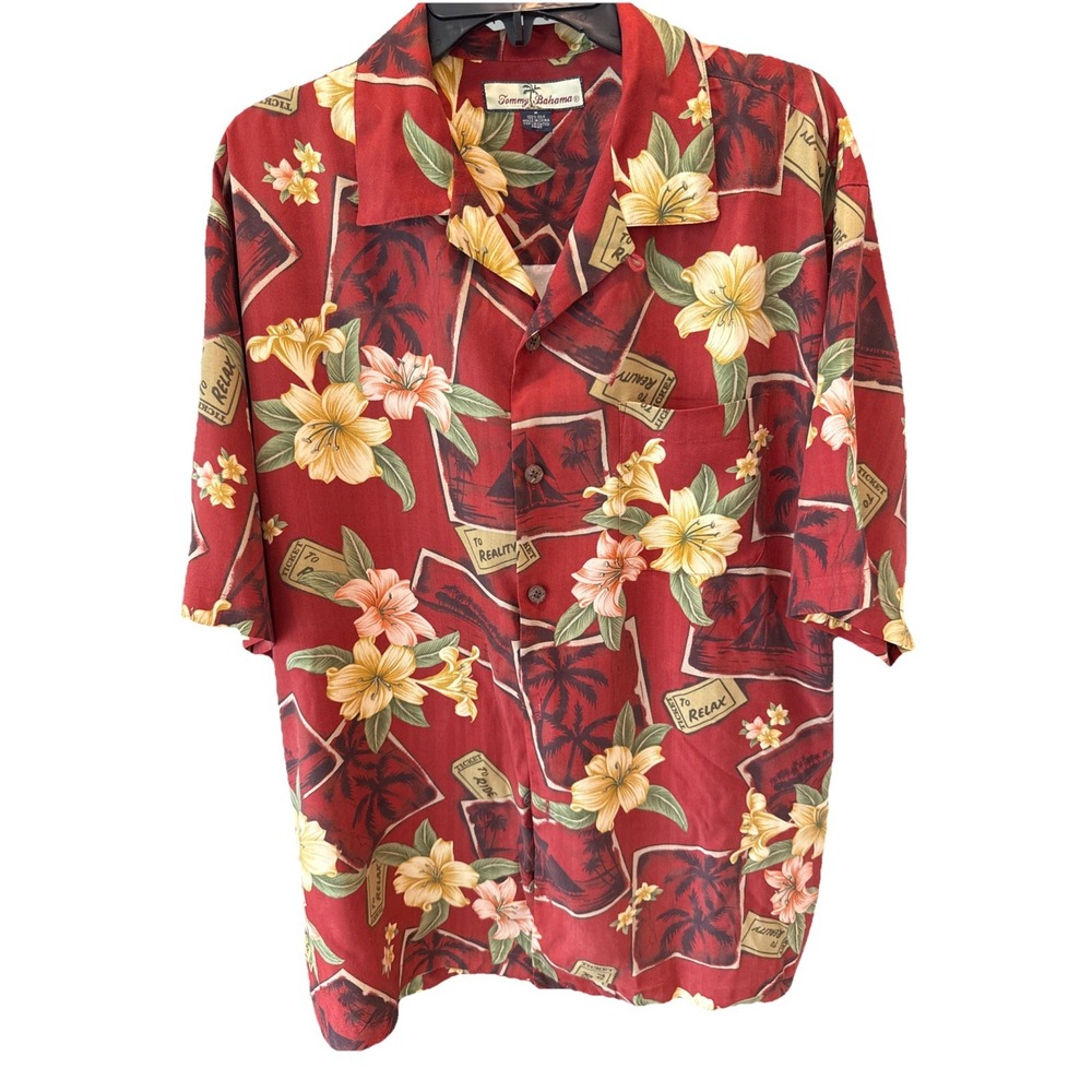 Tommy Bahama Shirt Mens Medium Red Silk Hibiscus‎ Relax Sailing Hawaiian Camp